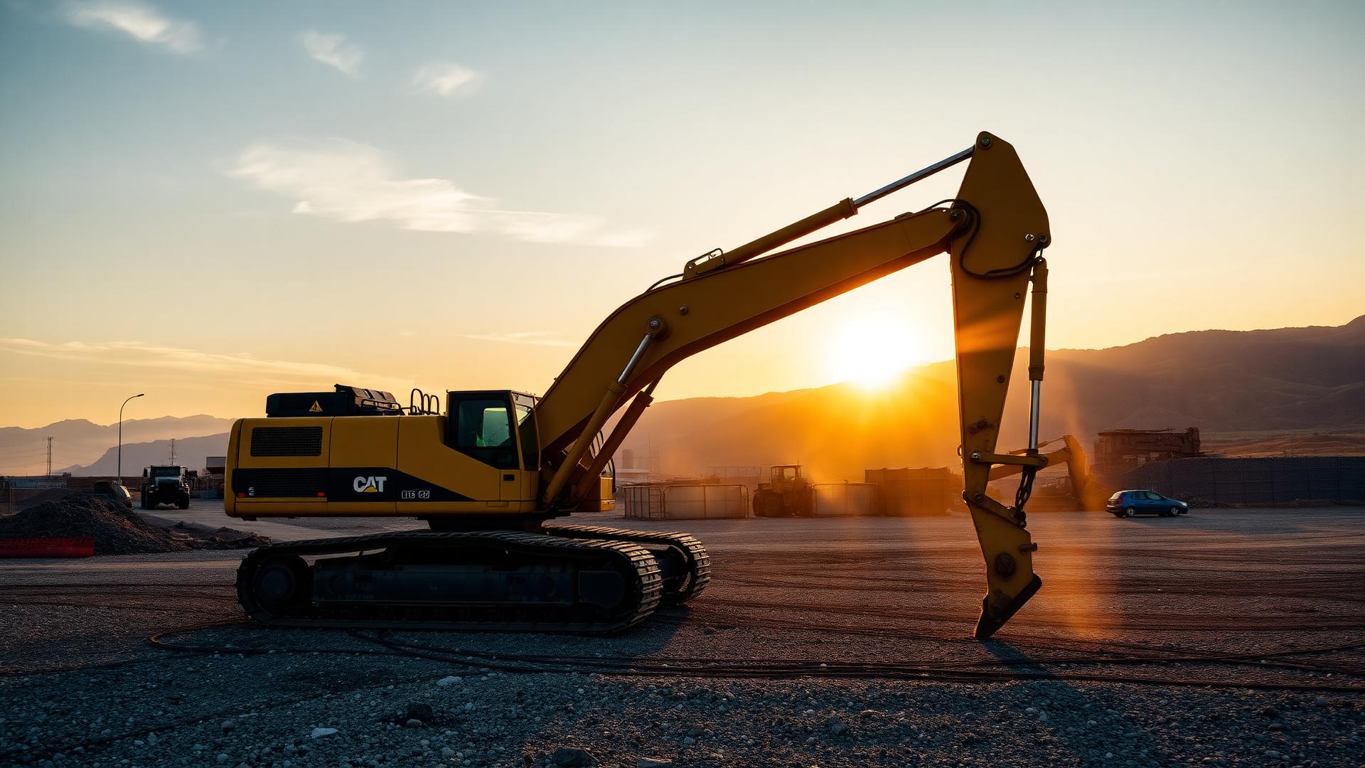 Excavator parked in an equipment yard at sunset