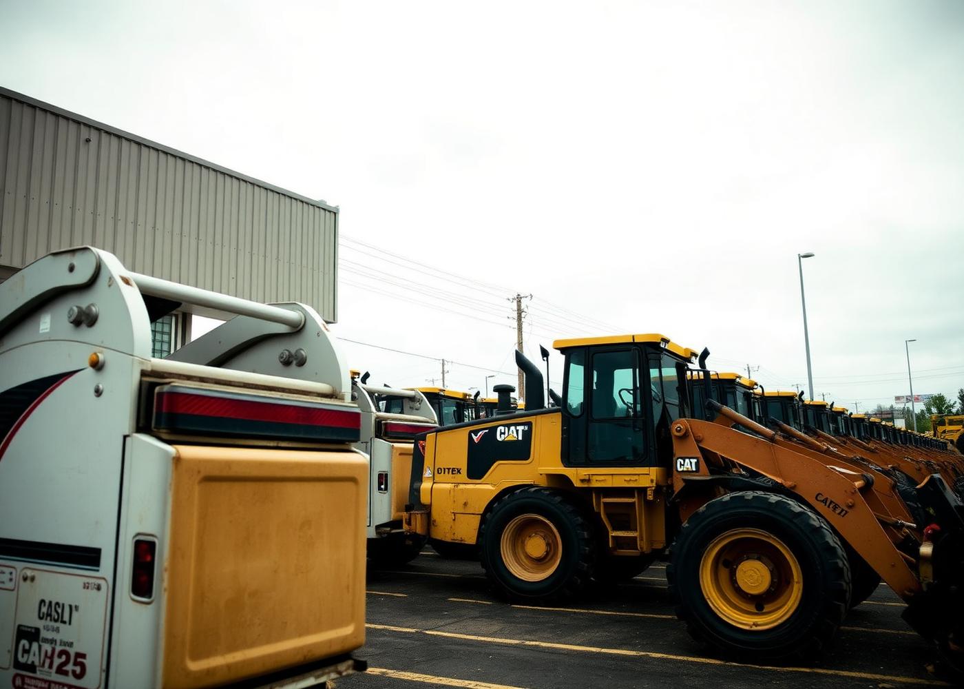 Used loaders and skid steers lined up in the dealer lot